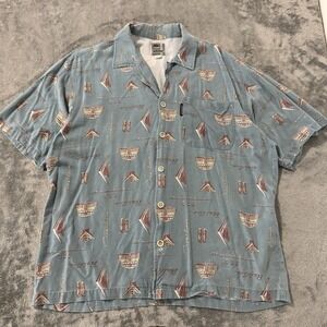Vintage Quiksilver Hawaiian Shirt Mens Medium Blue Button Up Highway Print Rayon